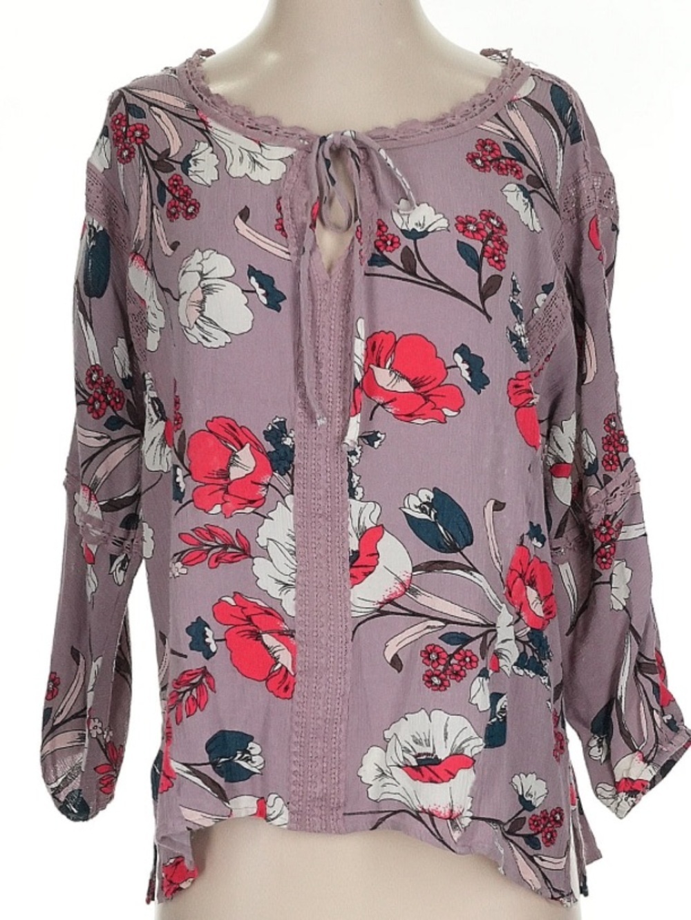 Hazel brand plum floral tie-front lace detailing along the neckline and hem top